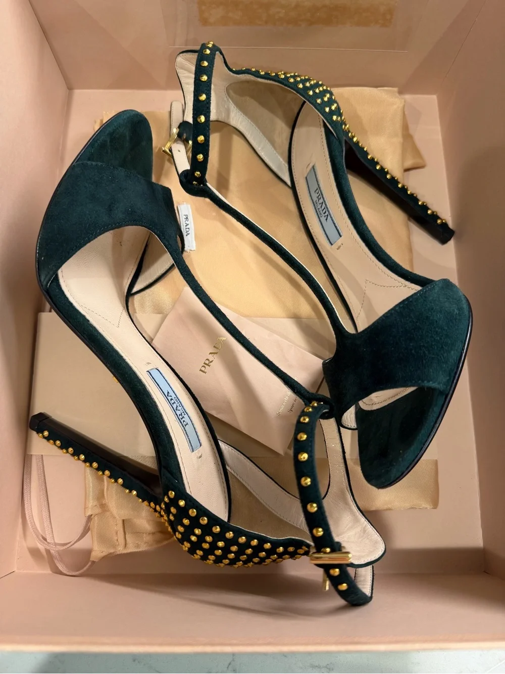 Prada Black Suede T-Strap Studded Ankle-Heel Sandals